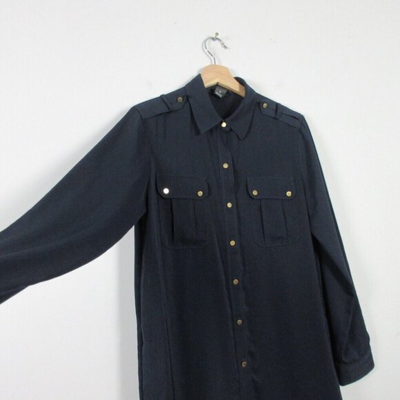 Club Monaco Womens Navy Blue Midi Dress Long Sleeve Button Front 4 Silk 328 - Picture 2 of 11